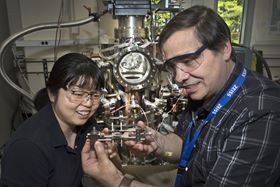 Brookhaven Lab chemists Ping Liu and José Rodriguez helped to characterize structural and mechanistic details of a new low-temperature catalyst for producing high-purity hydrogen gas from water and carbon monoxide. Photo: Brookhaven National Laboratory.