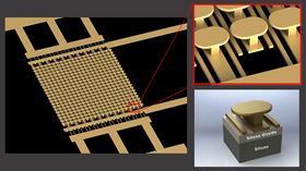 These images show the novel semiconductor-free microelectronic device made from a gold metasurface on top of a silicon wafer with a layer of silicon dioxide in between. Images: UC San Diego Applied Electromagnetics Group.