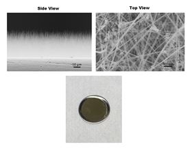 (Clockwise from top left) Photos of silicon nanowires grown on a stainless-steel disk shown in side, top and macroscopic views. The disk is about the size of a quarter. Image: Los Alamos National Laboratory.