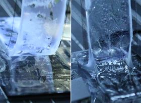 An unmodified hydrogel (left) peels off easily from an elastomer. A chemically-bonded hydrogel and elastomer (right) are tough to peel apart, leaving residue behind. Image courtesy of Suo Lab/Harvard SEAS.