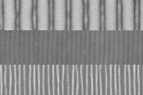 These scanning electron microscope images show the sequence of fabrication of fine lines by the new process. First, an array of lines is produced by a conventional electron beam process (top). The addition of a block copolymer material and a topcoat result in a quadrupling of the number of lines (center). Then the topcoat is etched away to expose the new pattern of fine lines (bottom). Images courtesy of the researchers.