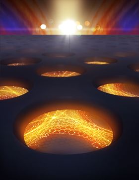 An artist’s illustration of the array of nanoscale holes in graphene. Image: Carl Otto Moesgaard.
