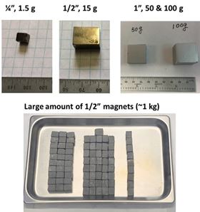 Smaller and larger magnets constructed in the lab, demonstrating how the manufacturing method can be upscaled. Image: U.S. Department of Energy Ames National Laboratory.