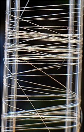 The new artificial spider silk, which is spun from amyloid silk hybrid proteins produced by engineered bacteria. Photo: Washington University in St. Louis/Jingyao Li.