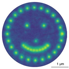 An electron beam placed at a series of locations on a sheet of twisted hBN intensifies the light emission from each location. The brightness depends on how long the beam sits at a given point, or the electron flux delivered to that point. The result is an illuminated pattern. Image: Su et al. 2022.