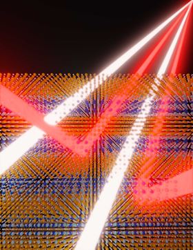 This artist’s rendering shows the novel nanophotonic material reflecting infrared light while letting other wavelengths pass through. Image: Andrej Lenert.