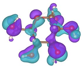 This model, created at Rice University, illustrates charge distribution in glucose. The light blue region shows the electron cloud distribution in a single glucose molecule. The purple regions show the drastic charge redistribution when anchored to Janus MoSSE and detected via surface-enhanced Raman spectroscopy. Image: Lou Group/Rice University.