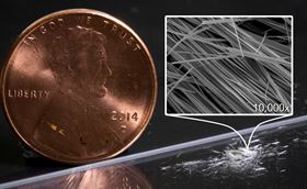 Fuzzy white clusters of nanowires on a lab bench, with a penny for scale. Assembled with the help of diamondoids, the microscopic nanowires can be seen with the naked eye because the strong mutual attraction between their diamondoid shells makes them clump together, in this case by the millions. At top right, an image made with a scanning electron microscope shows nanowire clusters magnified 10,000 times. SEM image by Hao Yan/SIMES; photo by SLAC National Accelerator Laboratory.