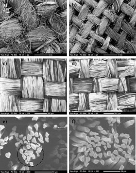 SEM images of the plain weave textiles: (a) flax, (b) hemp, (c) silk A, and (d) silk B. SEM images of cross-sections of silk rovings and fibres in (e) and (f).