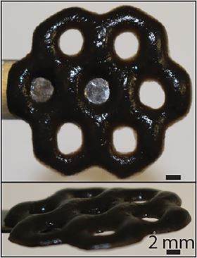 A 3D printing technique can be used to create intricate structures, such as the replica of the structure of graphene shown in the photo, from a novel material made from seaweed-derived alginate and the nanomaterial graphene oxide. Photo: Wong Lab/Brown University.