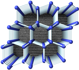 Visualization of the structure of 4H-Si viewed perpendicular to the hexagonal axis. A transmission electron micrograph showing the stacking sequence is displayed in the background. Image courtesy of Thomas Shiell and Timothy Strobel.