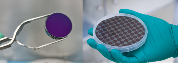 Photographs of the component coatings for MIR supermirrors; left: a one-inch diameter silicon substrate coated with a conventionally deposited interference coating (c) 2022 Valentin Wittwer; right: a patterned four-inch GaAs wafer with monocrystalline GaAs/AlGaAs dies that will eventually be fusion-bonded onto the coated silicon substrates (c) 2018 Georg Winkler
